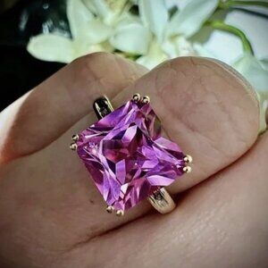 10K Gold Lab Created Pink Sapphire Princess Cut Custom Estate Ring